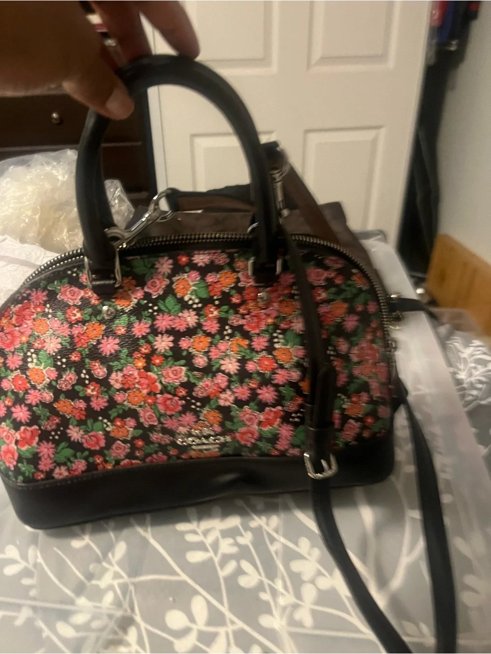 COACH Black Floral Dome Satchel with Pink and Green Accents like new